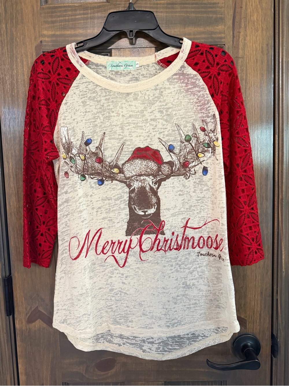 Southern Grace Cream Raglan Tee with Red Lace Sleeves and Moose Graphic